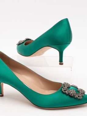 Manolo Blahnik Emerald Satin Hangisi Crystal-Embellished Pumps